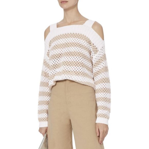 Cotton by Autumn Cashmere Beige and White Mesh Cold Shoulder Striped Sweater